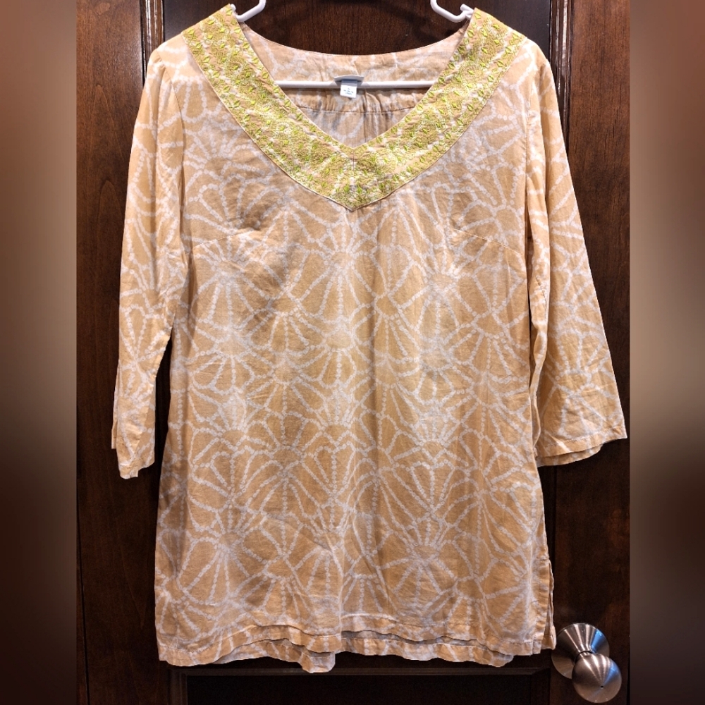 Calypso St. Barth seashell print tan & white tunic - embroidered neckline small
